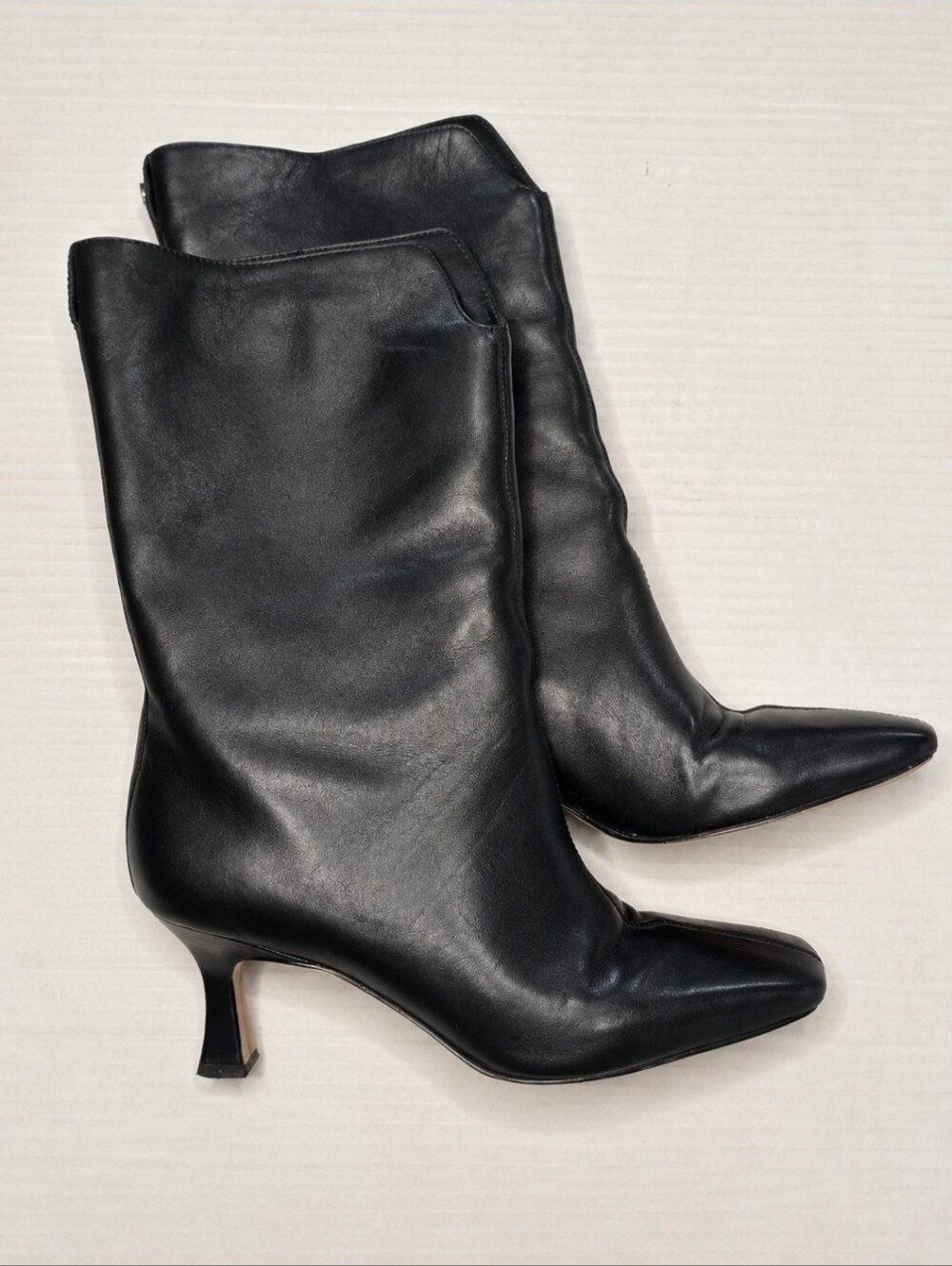 Sam Edelman Lolita Boots Women's 7 Black Leather Square Toe Flared Heel Mid Calf